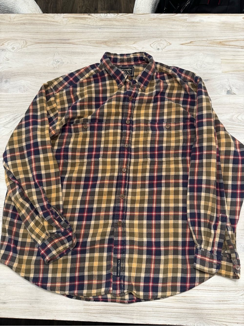 Abercrombie & Fitch Plaid Button-Down Shirt in Navy, Mustard & Brown